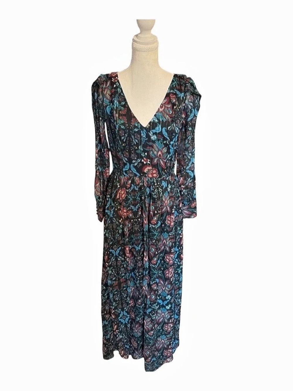 Romantic ModCloth Dark Floral Metallic Boho Maxi Dress M NWOT